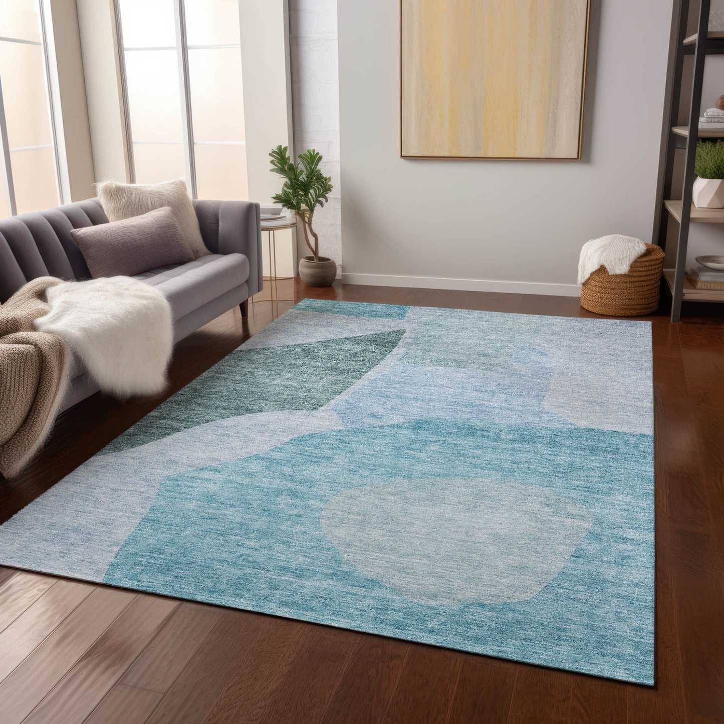 3' X 5' Teal Blue Artichoke Green And Blue Abstract Washable Indoor Outdoor Area Rug-7