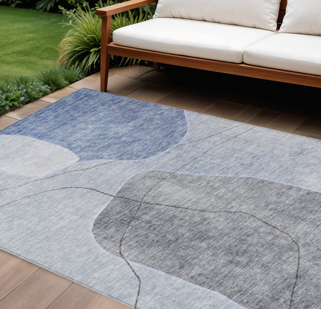 8' X 10' Denim Blue And Sky Blue Abstract Washable Indoor Outdoor Area Rug-0