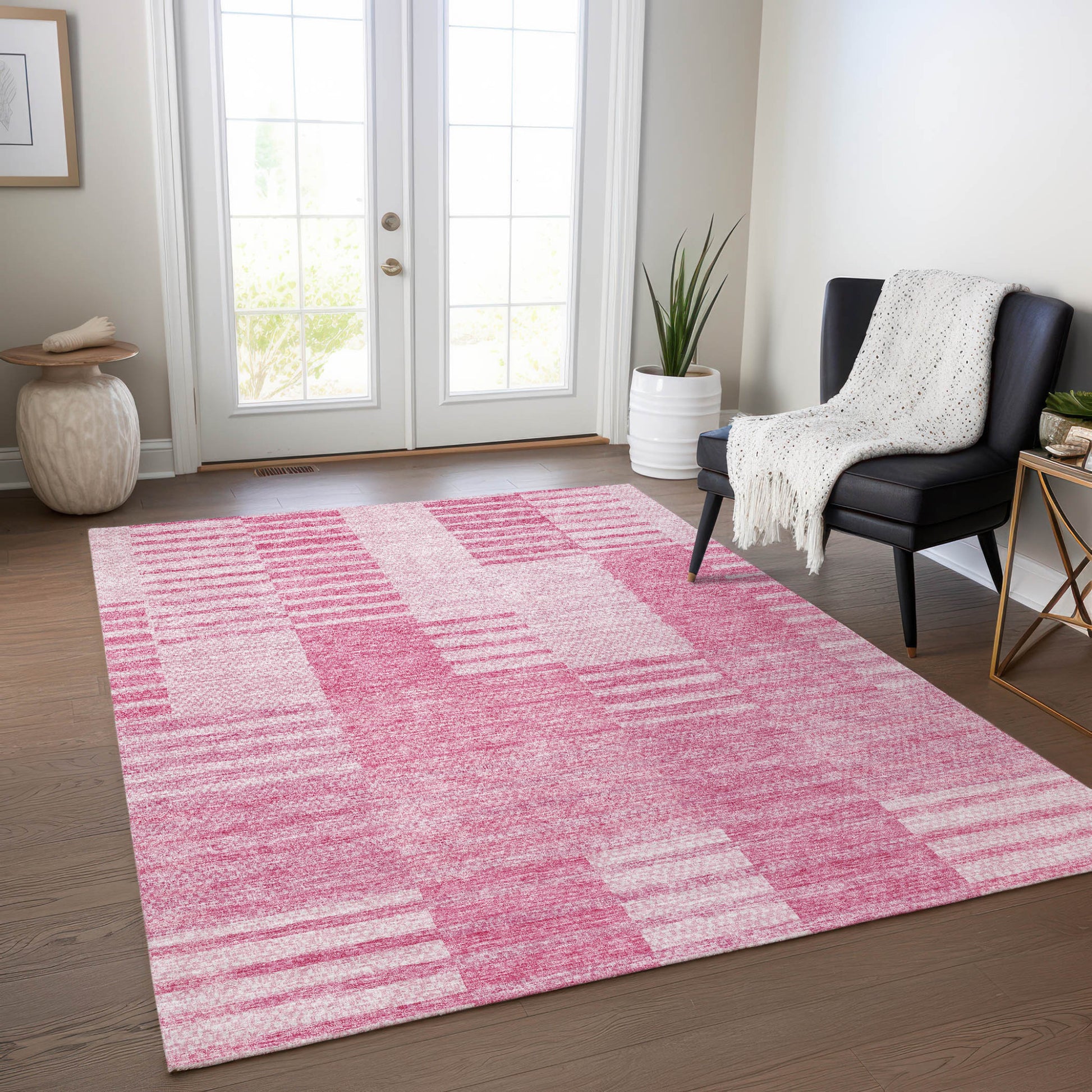 9' X 12' Pink And Blush Striped Washable Indoor Outdoor Area Rug-7