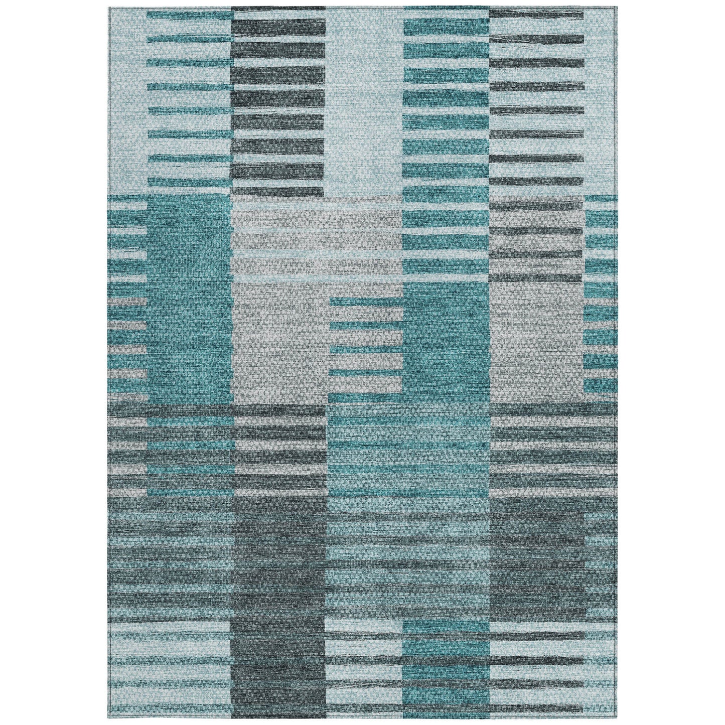 8' X 10' Teal Blue Aqua And Gray Striped Washable Indoor Outdoor Area Rug-5