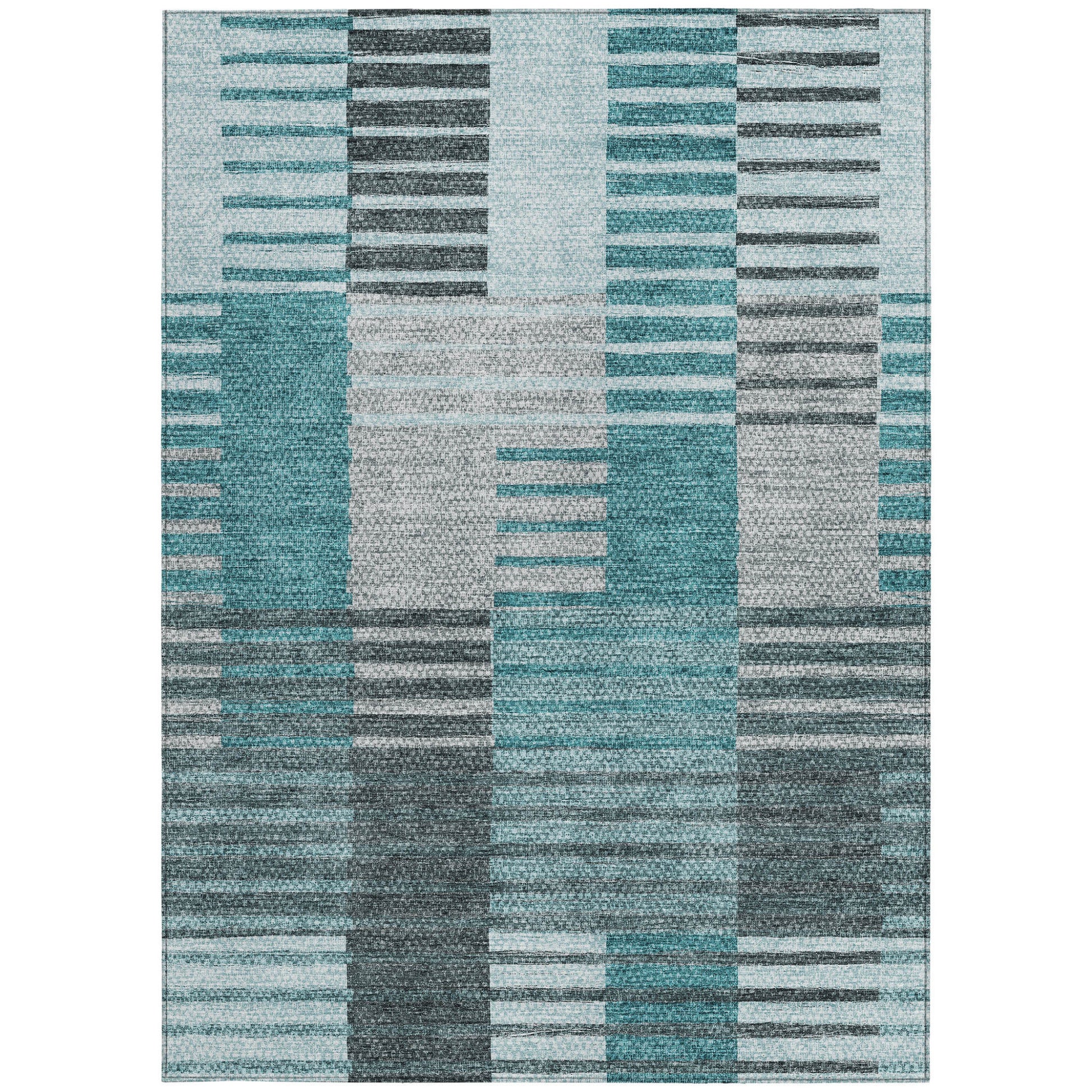 8' X 10' Teal Blue Aqua And Gray Striped Washable Indoor Outdoor Area Rug-5