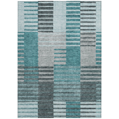 8' X 10' Teal Blue Aqua And Gray Striped Washable Indoor Outdoor Area Rug-5
