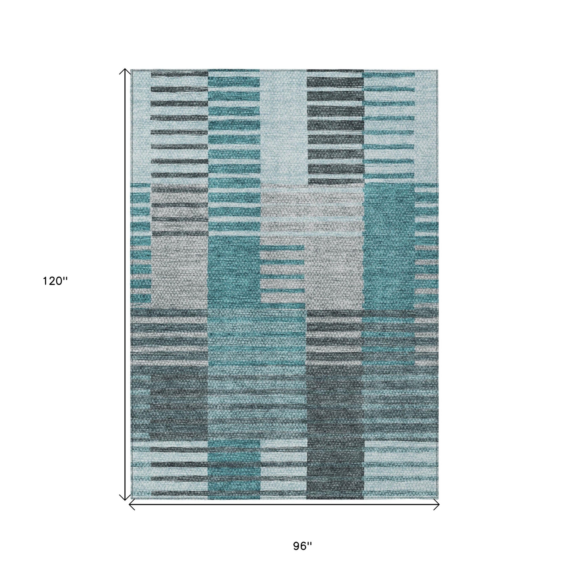 8' X 10' Teal Blue Aqua And Gray Striped Washable Indoor Outdoor Area Rug-2