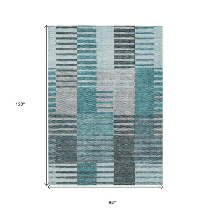 8' X 10' Teal Blue Aqua And Gray Striped Washable Indoor Outdoor Area Rug-2