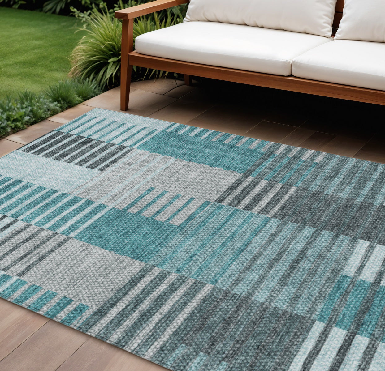 8' X 10' Teal Blue Aqua And Gray Striped Washable Indoor Outdoor Area Rug-0