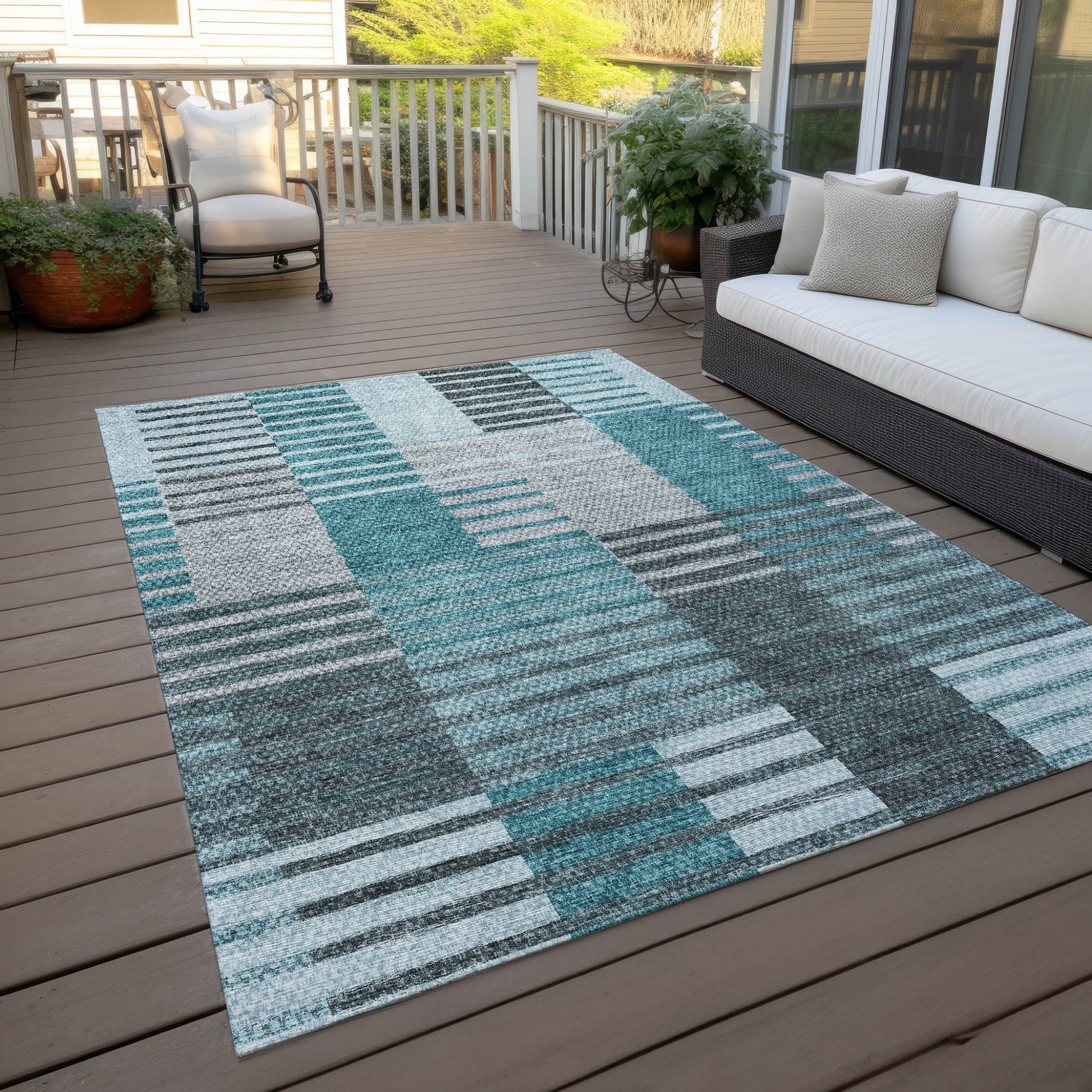 8' X 10' Teal Blue Aqua And Gray Striped Washable Indoor Outdoor Area Rug-6