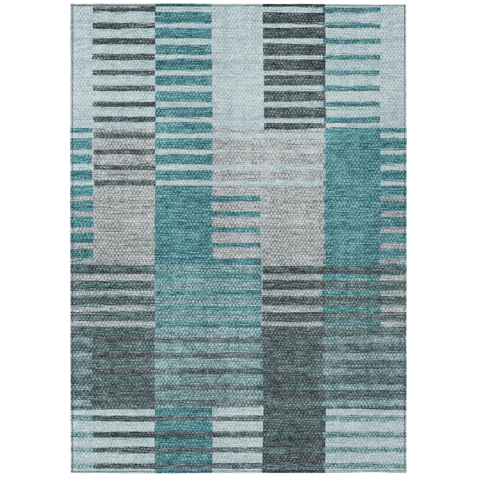 8' X 10' Teal Blue Aqua And Gray Striped Washable Indoor Outdoor Area Rug-1