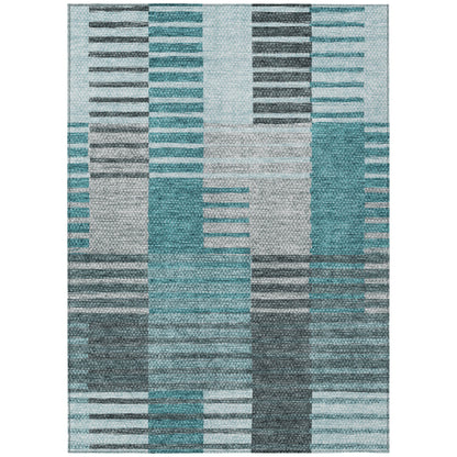 8' X 10' Teal Blue Aqua And Gray Striped Washable Indoor Outdoor Area Rug-1