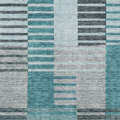 8' X 10' Teal Blue Aqua And Gray Striped Washable Indoor Outdoor Area Rug-4