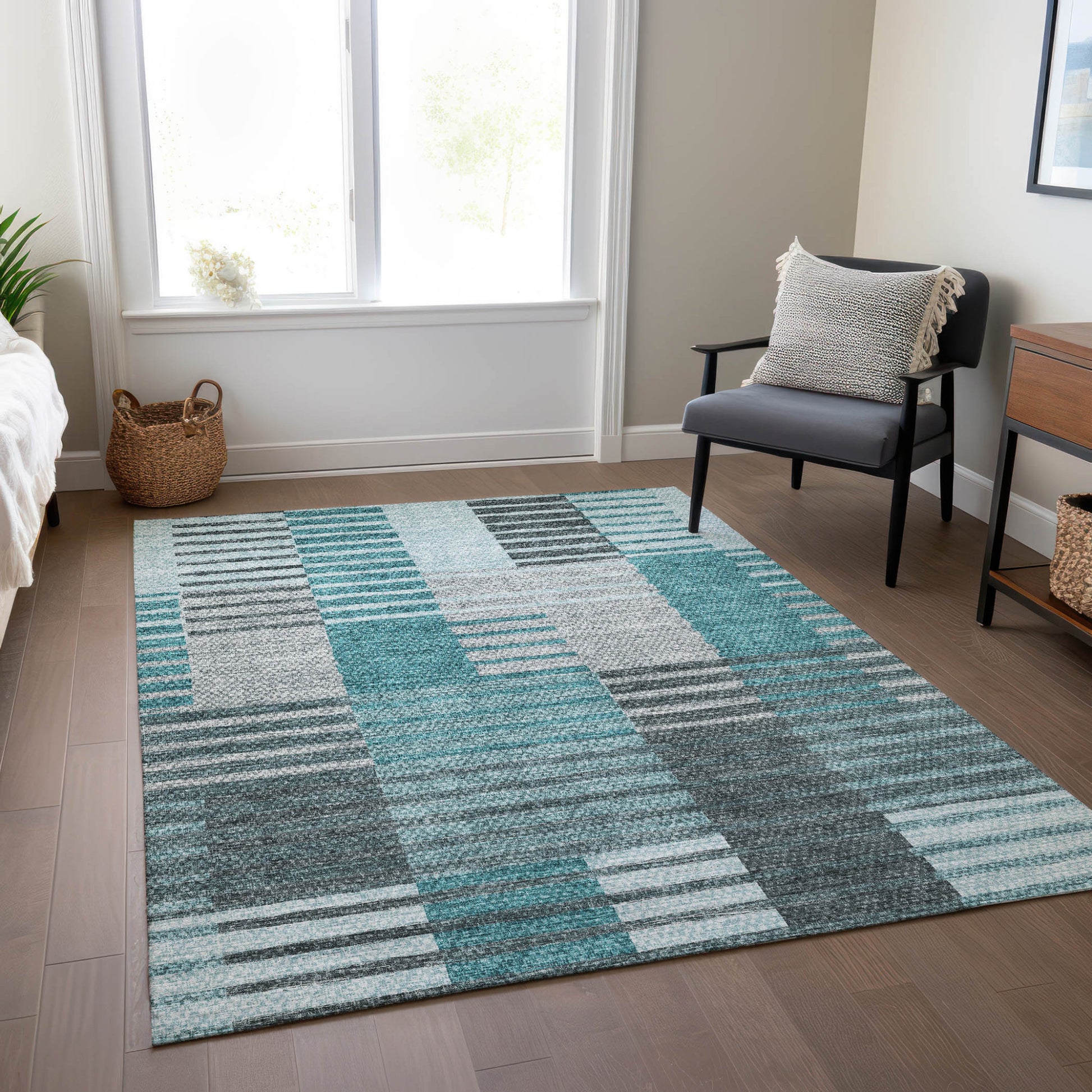 8' X 10' Teal Blue Aqua And Gray Striped Washable Indoor Outdoor Area Rug-7