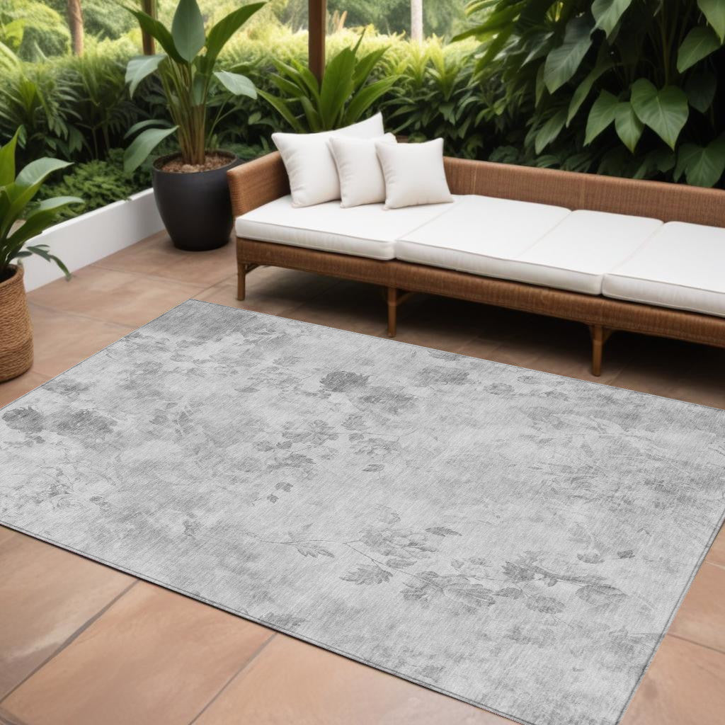 9' X 12' Gray Charcoal And Silver Floral Washable Indoor Outdoor Area Rug-0
