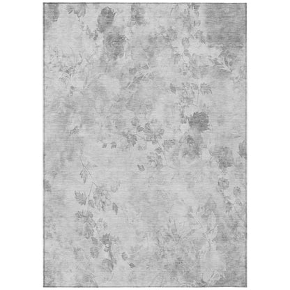 9' X 12' Gray Charcoal And Silver Floral Washable Indoor Outdoor Area Rug-1