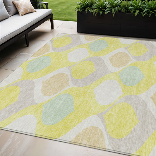 5' X 8' Yellow Mint Green And Beige Ogee Washable Indoor Outdoor Area Rug-0