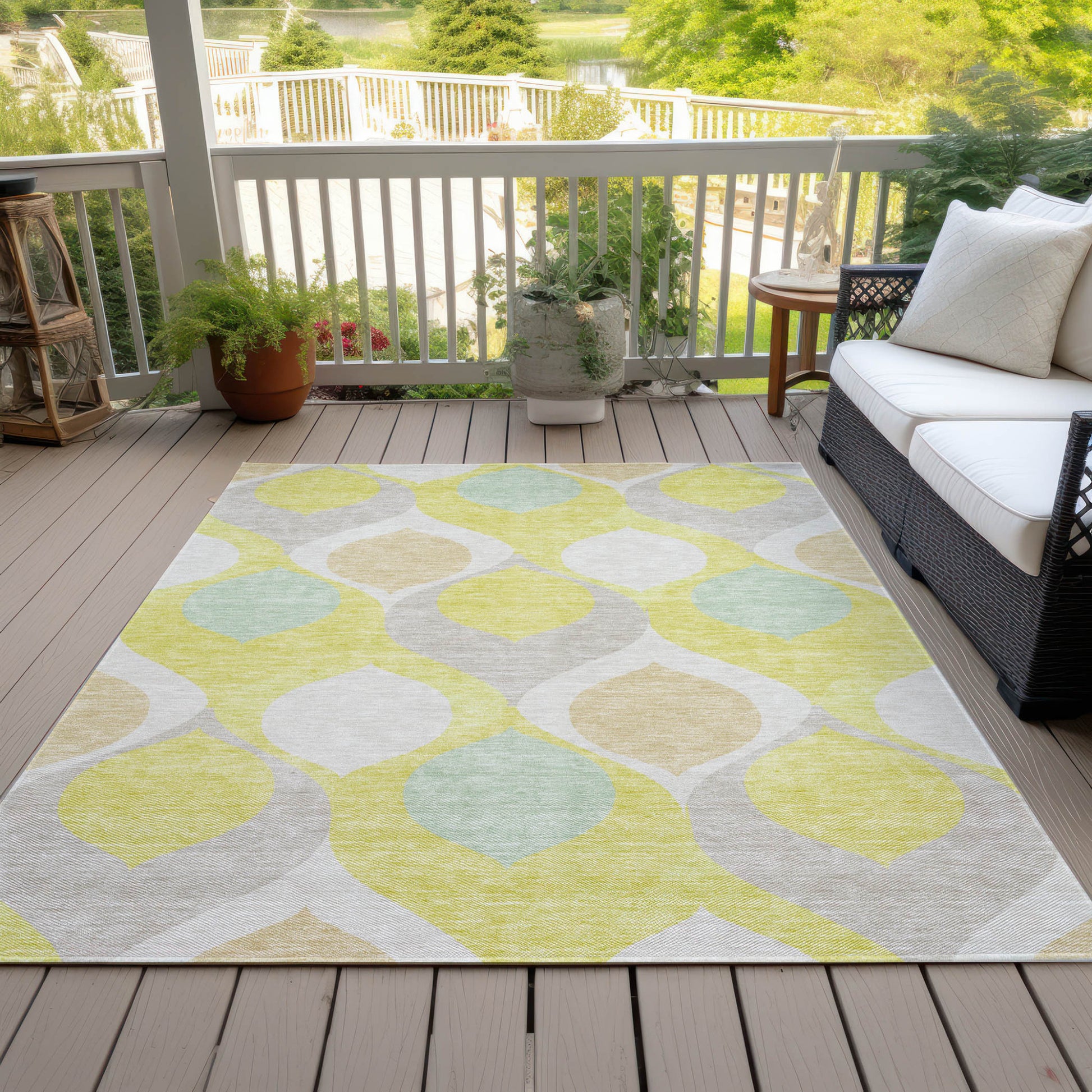 5' X 8' Yellow Mint Green And Beige Ogee Washable Indoor Outdoor Area Rug-6