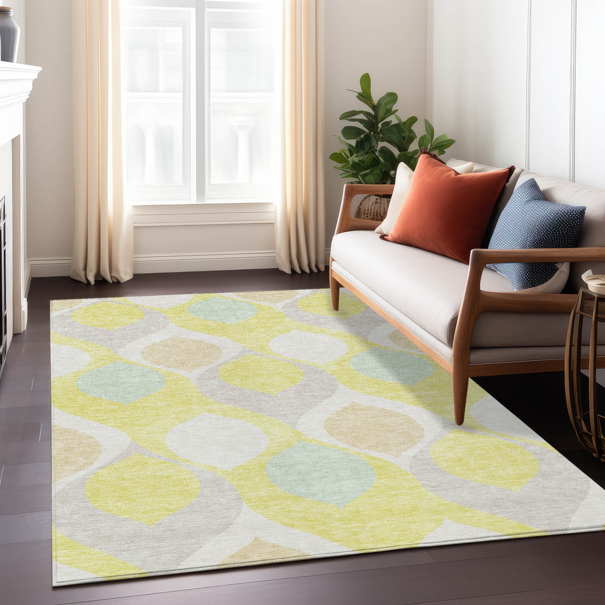 5' X 8' Yellow Mint Green And Beige Ogee Washable Indoor Outdoor Area Rug-8