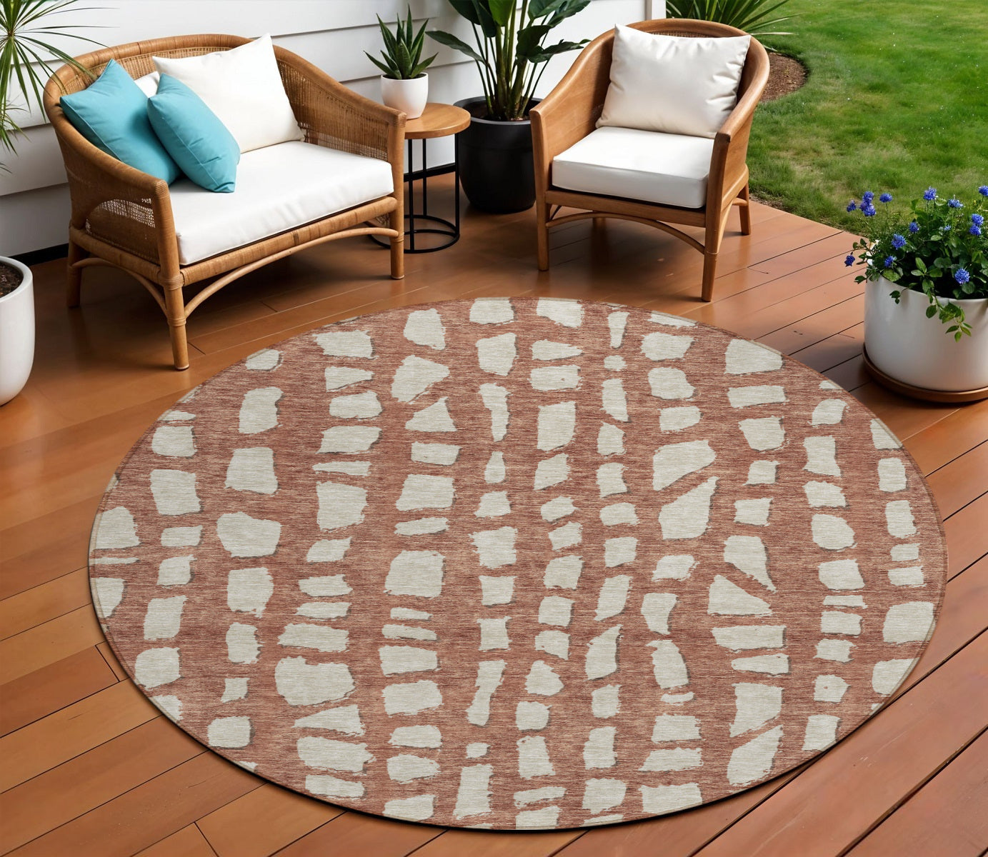 8' Orange And Ivory Round Abstract Washable Indoor Outdoor Area Rug-0