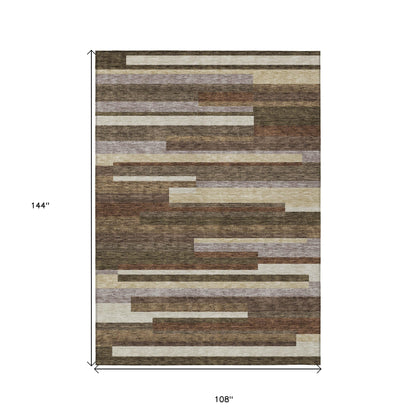 9' X 12' Brown Beige And Copper Striped Washable Indoor Outdoor Area Rug-2