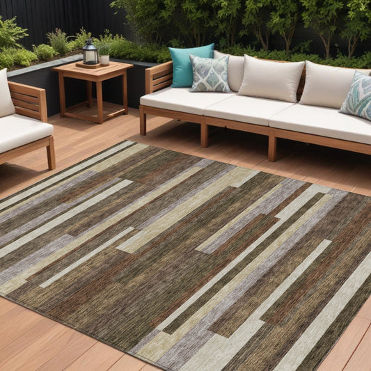 9' X 12' Brown Beige And Copper Striped Washable Indoor Outdoor Area Rug-0