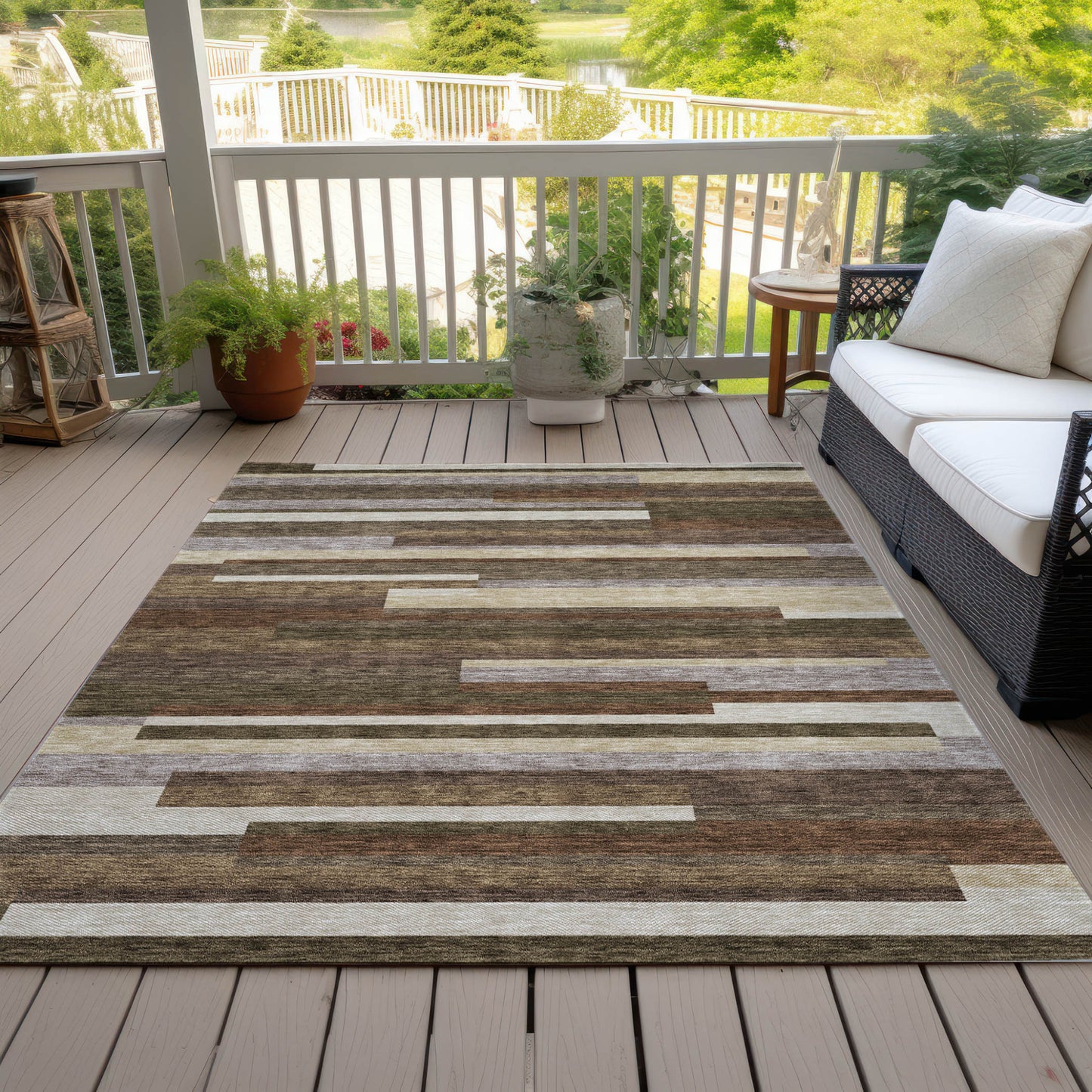 9' X 12' Brown Beige And Copper Striped Washable Indoor Outdoor Area Rug-6