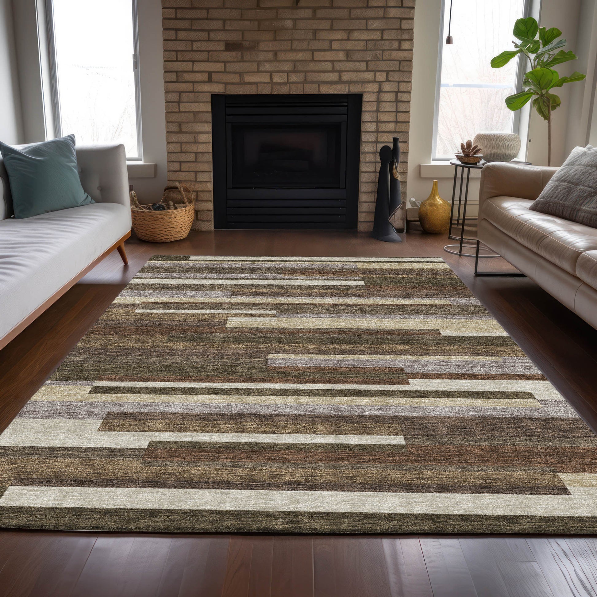 9' X 12' Brown Beige And Copper Striped Washable Indoor Outdoor Area Rug-7