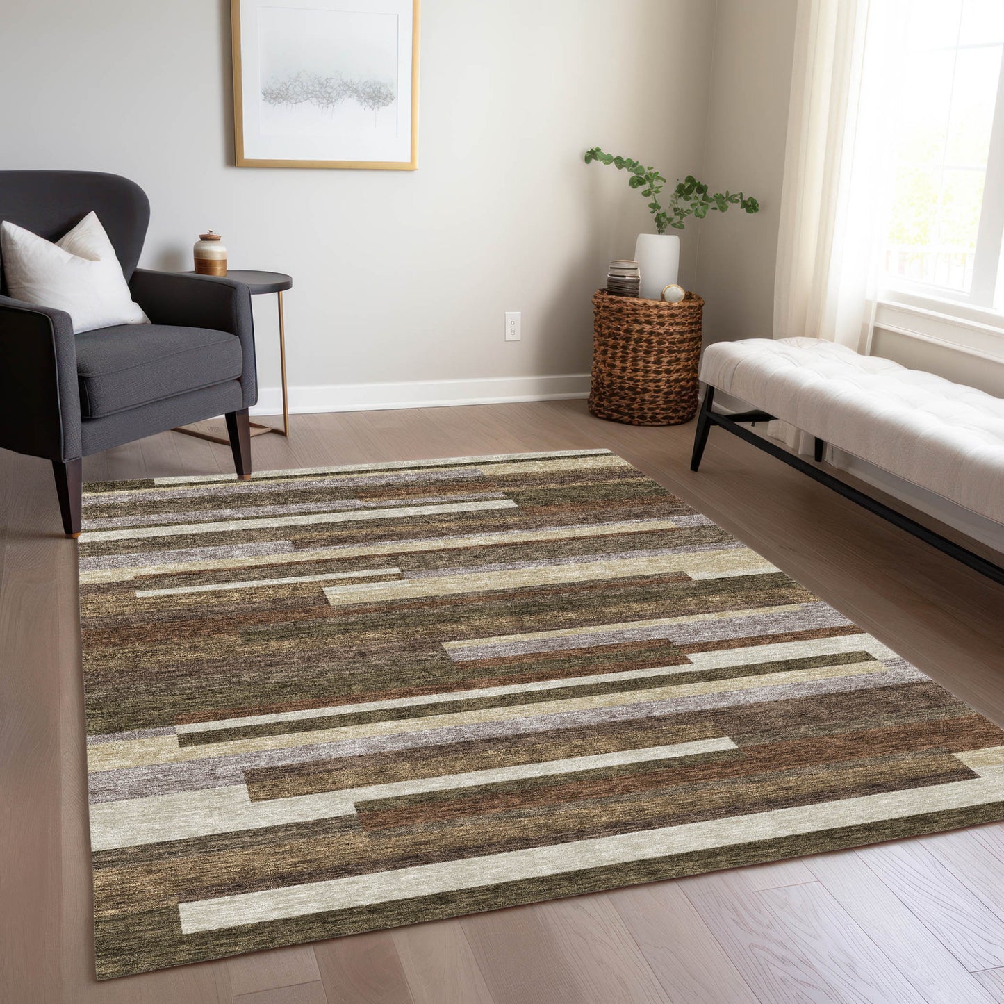 9' X 12' Brown Beige And Copper Striped Washable Indoor Outdoor Area Rug-8