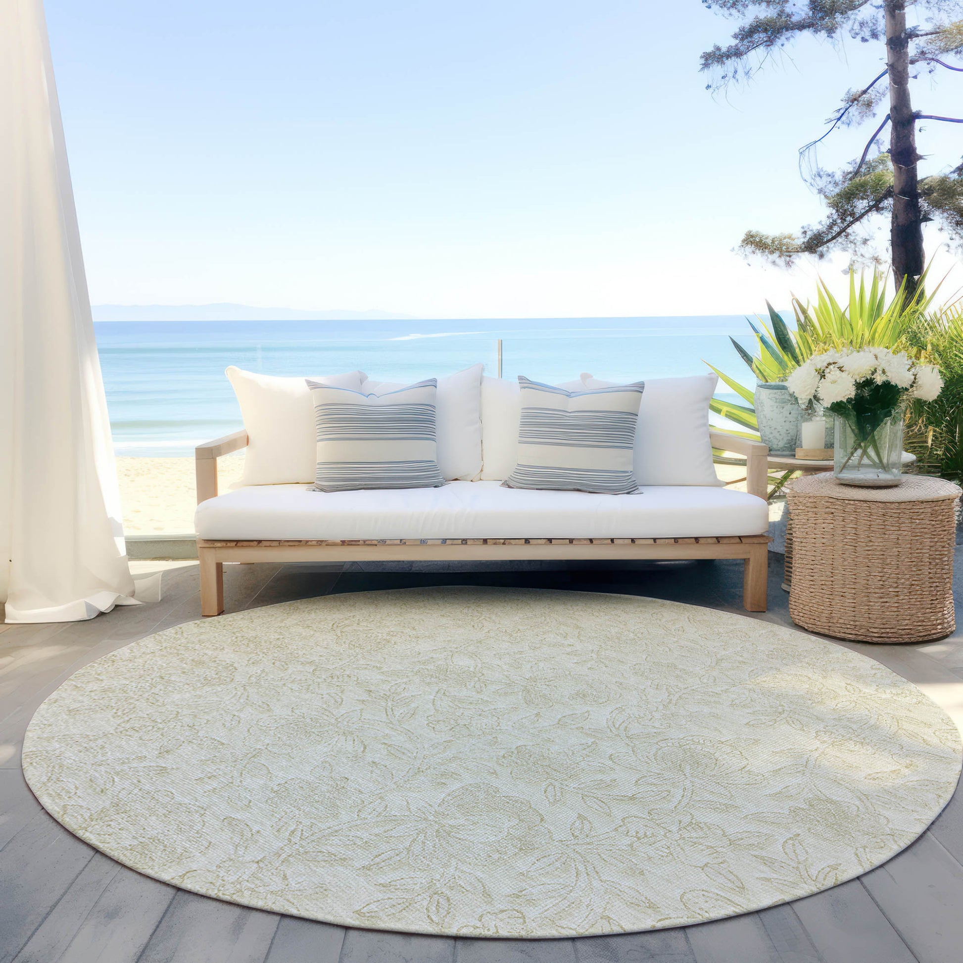 8' Ivory And Beige Round Floral Washable Indoor Outdoor Area Rug-5