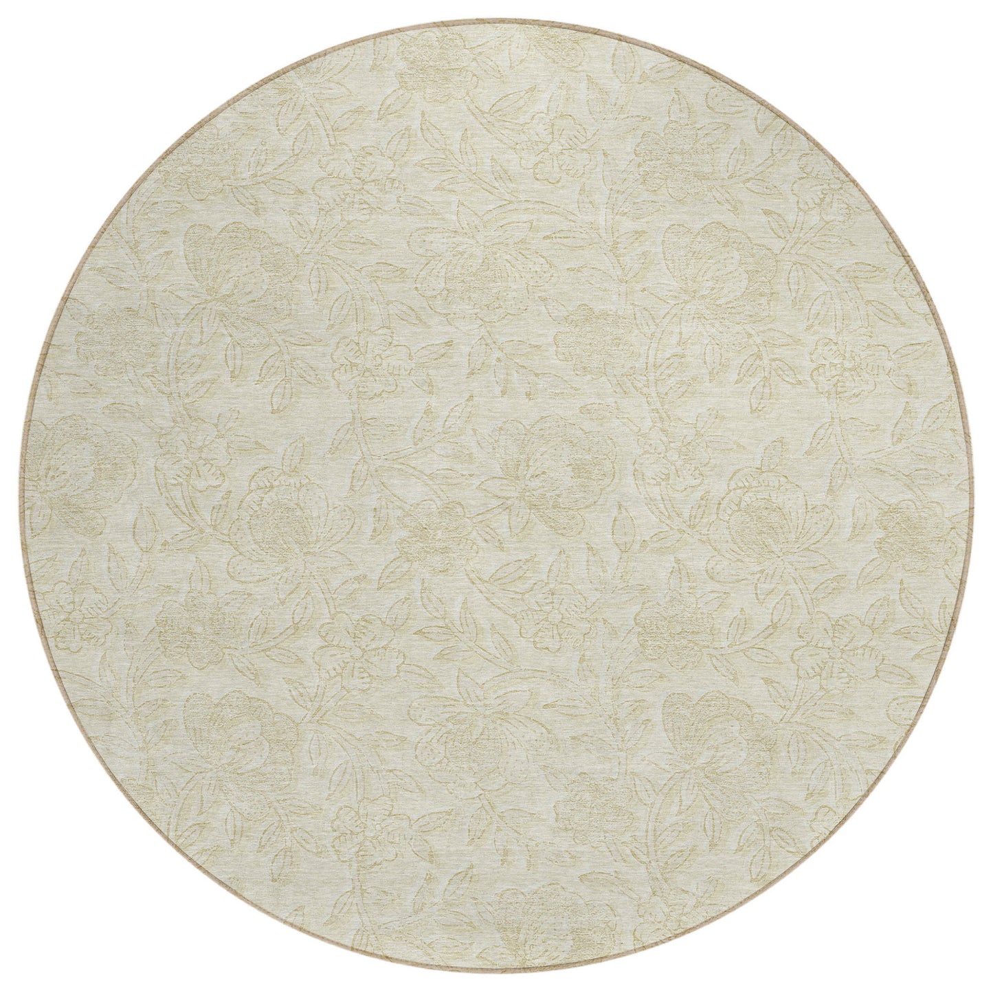 8' Ivory And Beige Round Floral Washable Indoor Outdoor Area Rug-1