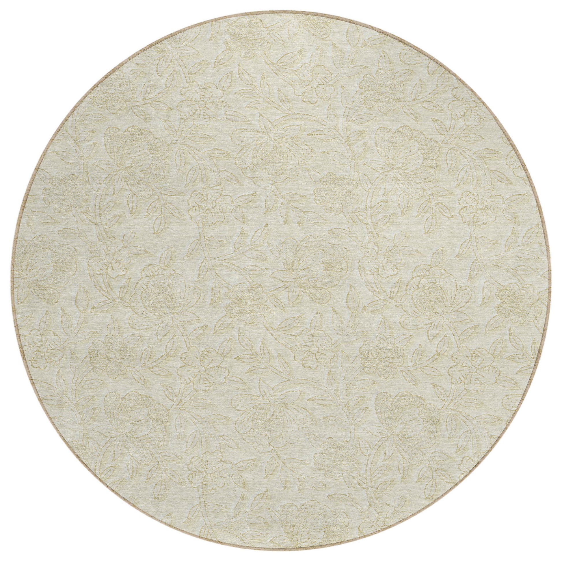 8' Ivory And Beige Round Floral Washable Indoor Outdoor Area Rug-1