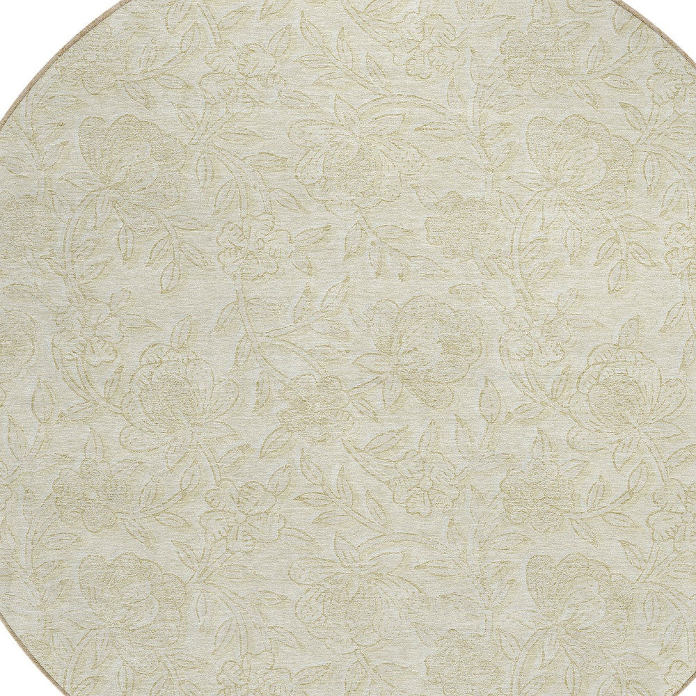 8' Ivory And Beige Round Floral Washable Indoor Outdoor Area Rug-3
