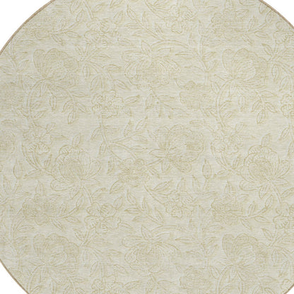 8' Ivory And Beige Round Floral Washable Indoor Outdoor Area Rug-3