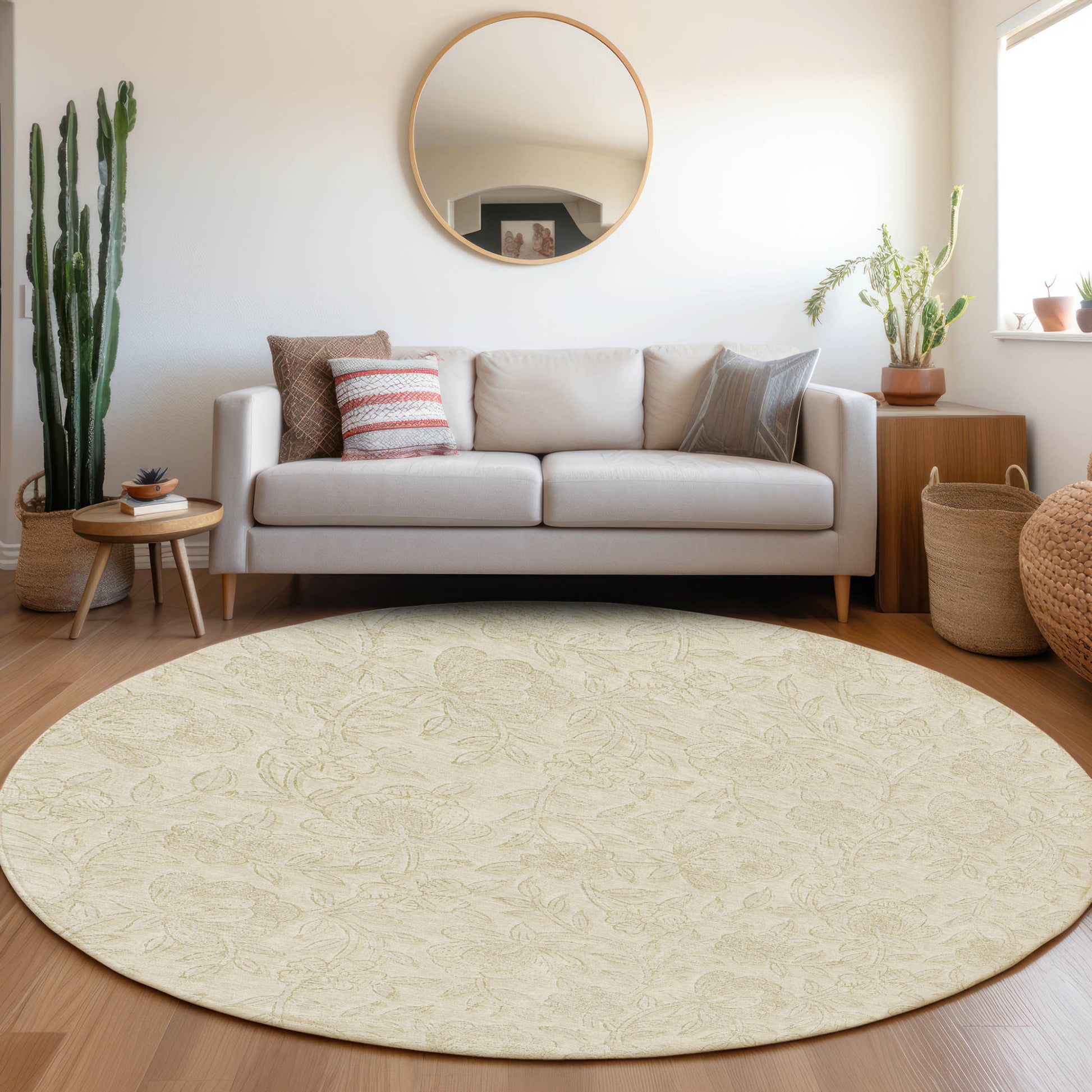 8' Ivory And Beige Round Floral Washable Indoor Outdoor Area Rug-6