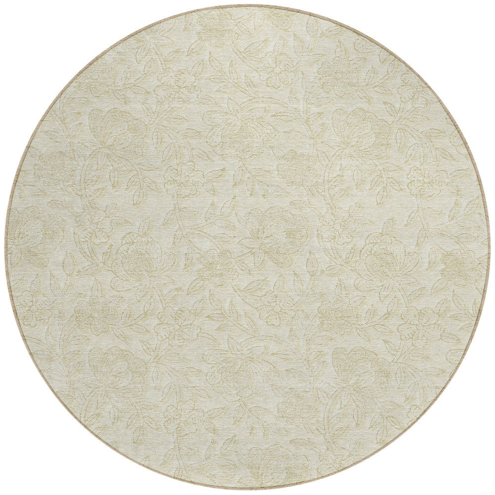 8' Ivory And Beige Round Floral Washable Indoor Outdoor Area Rug-4