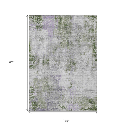 3' X 5' Olive Green And Gray Abstract Washable Indoor Outdoor Area Rug-2