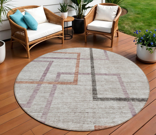 8' Taupe Charcoal And Copper Round Geometric Washable Indoor Outdoor Area Rug-0