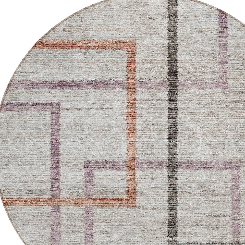 8' Taupe Charcoal And Copper Round Geometric Washable Indoor Outdoor Area Rug-3