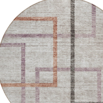 8' Taupe Charcoal And Copper Round Geometric Washable Indoor Outdoor Area Rug-3