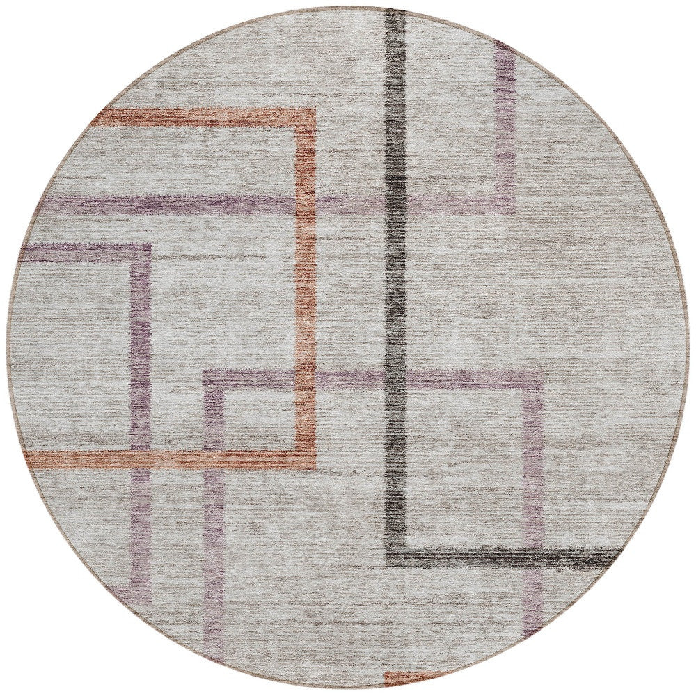 8' Taupe Charcoal And Copper Round Geometric Washable Indoor Outdoor Area Rug-4