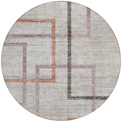 8' Taupe Charcoal And Copper Round Geometric Washable Indoor Outdoor Area Rug-4