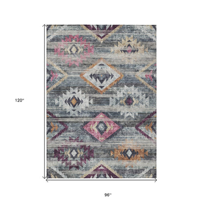 8' X 10' Gray Charcoal And Silver Southwestern Washable Indoor Outdoor Area Rug-2