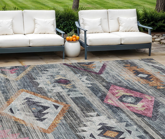 8' X 10' Gray Charcoal And Silver Southwestern Washable Indoor Outdoor Area Rug-0