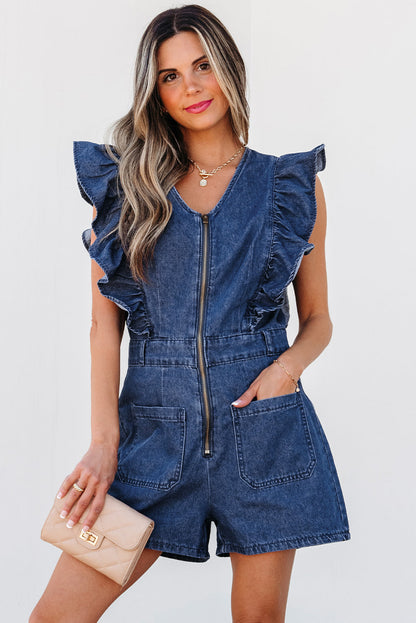 Amora Denim Ruffled Zipped Front Belted Romper-3