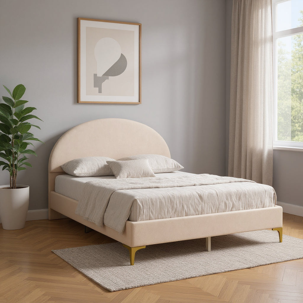 Beige Tufted Velvet Upholstered Queen Bed Frame-0