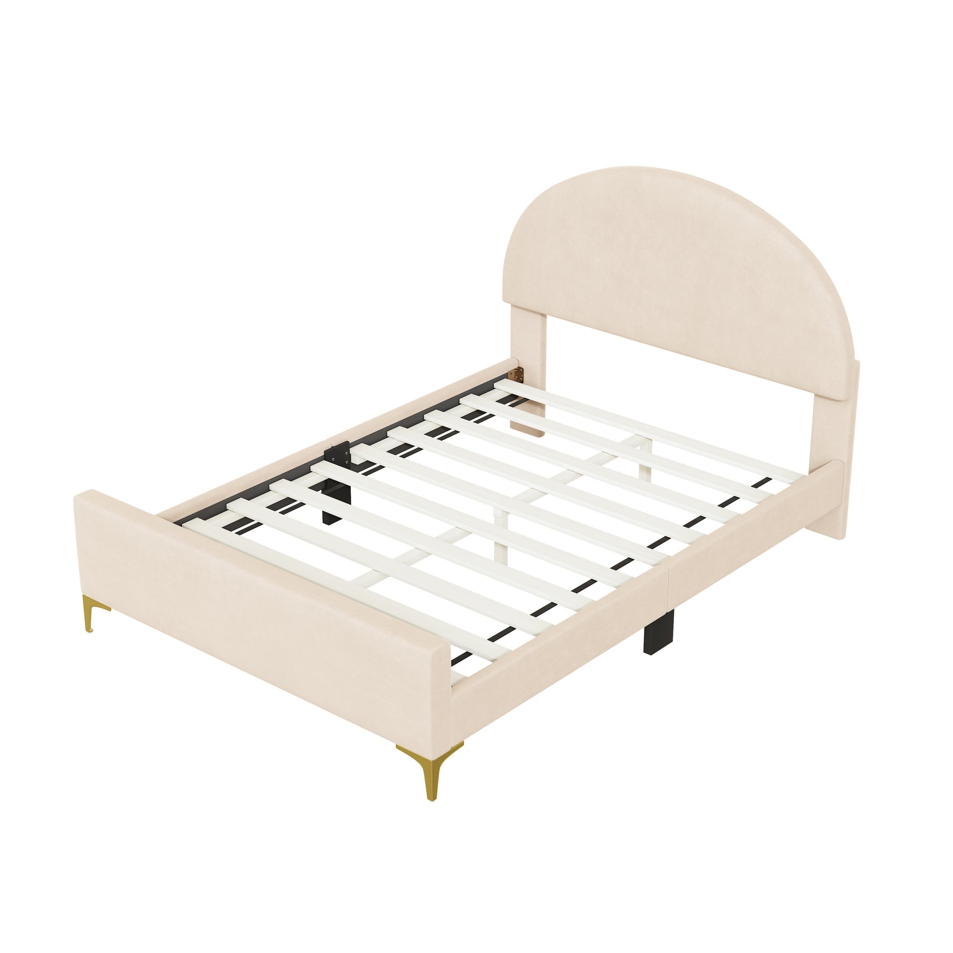 Beige Tufted Velvet Upholstered Queen Bed Frame-2