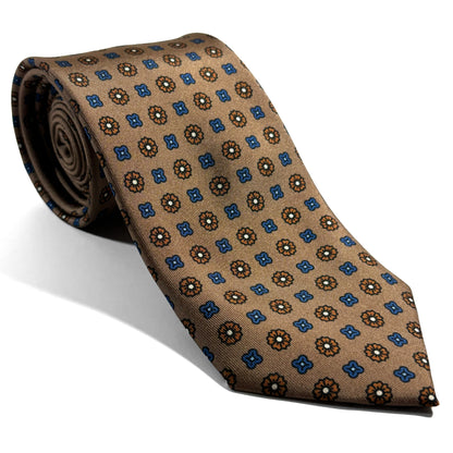 Beige Floral Printed Silk Twill Tie-0