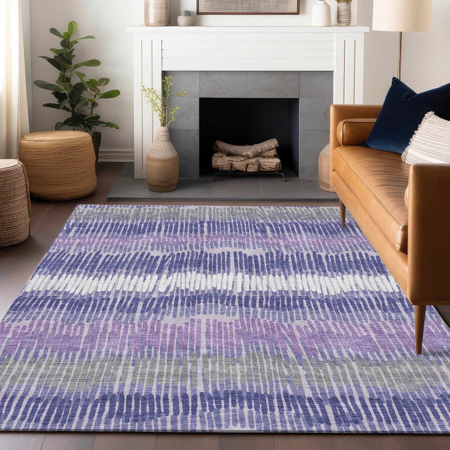 8' X 10' Purple And Gray Striped Washable Indoor Outdoor Area Rug-8