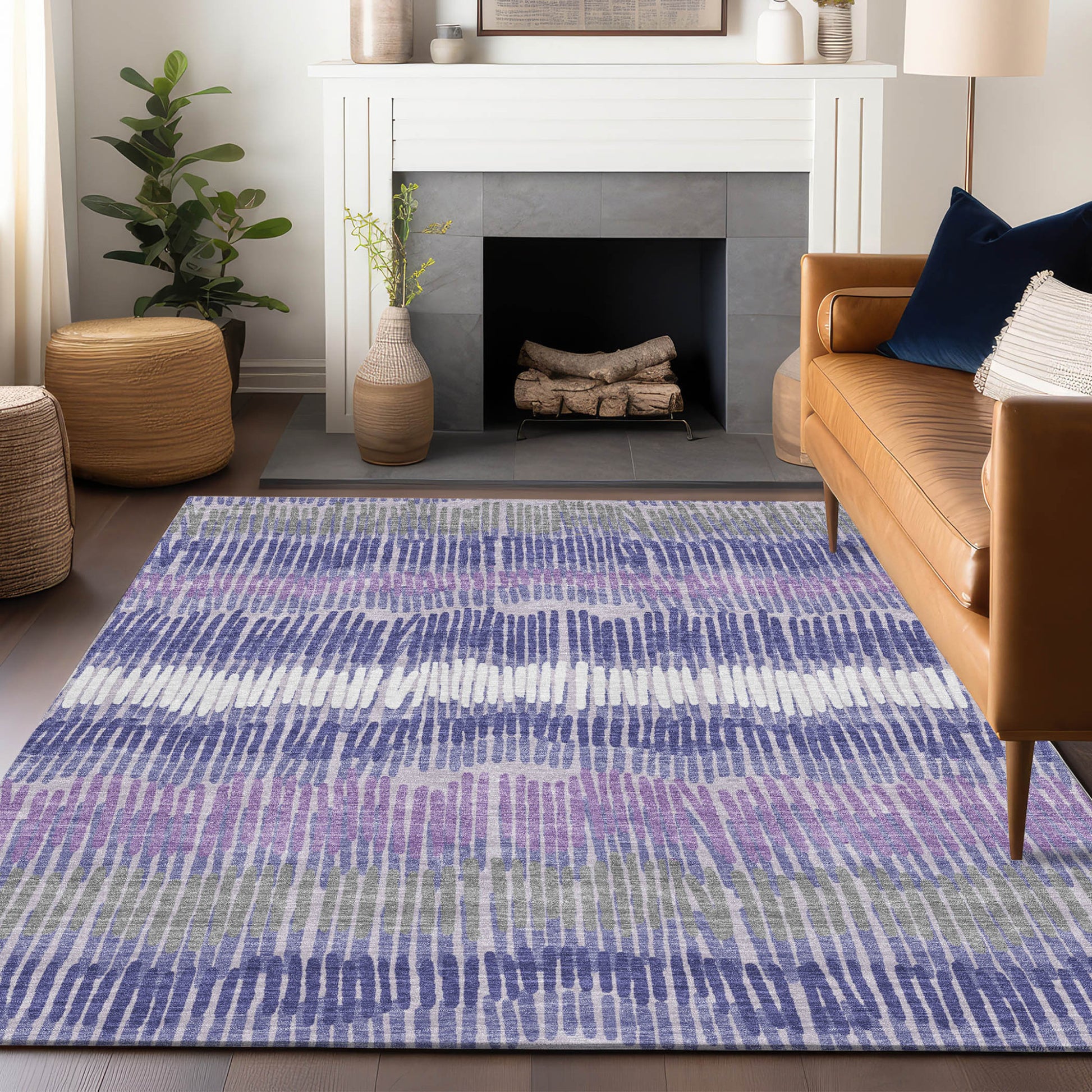 8' X 10' Purple And Gray Striped Washable Indoor Outdoor Area Rug-8