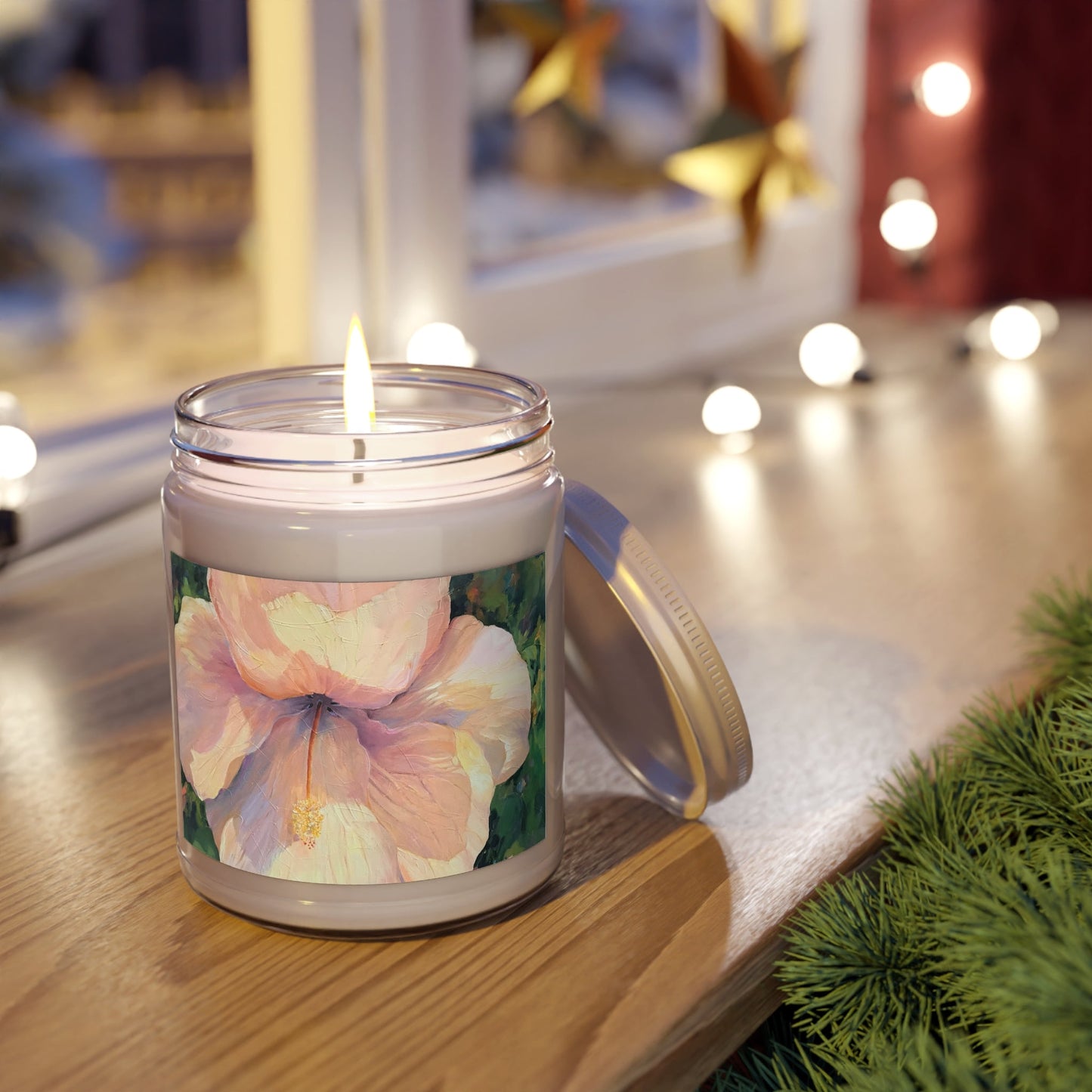 9oz Eco-Friendly Scented or Unscented Soy Wax Candle Jar  with 'Hibiscus' Floral Artwork by American Artist Barbara Cleary-1