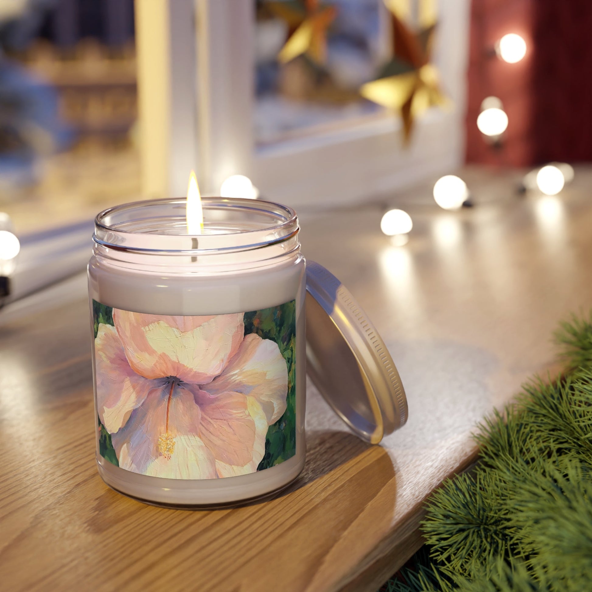 9oz Eco-Friendly Scented or Unscented Soy Wax Candle Jar  with 'Hibiscus' Floral Artwork by American Artist Barbara Cleary-1