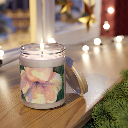 9oz Eco-Friendly Scented or Unscented Soy Wax Candle Jar  with 'Hibiscus' Floral Artwork by American Artist Barbara Cleary-1