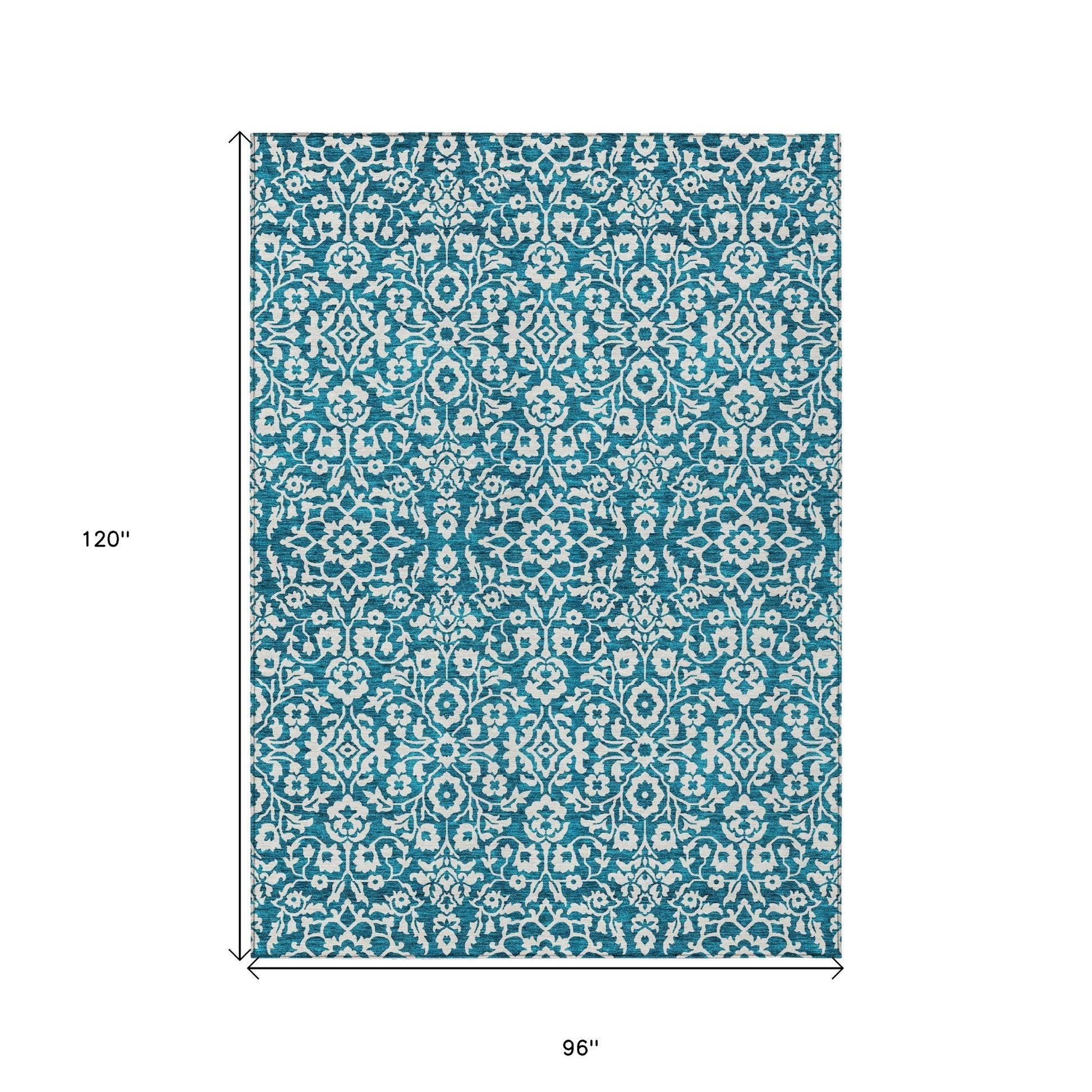 8' X 10' Teal Blue And Ivory Damask Washable Indoor Outdoor Area Rug-2